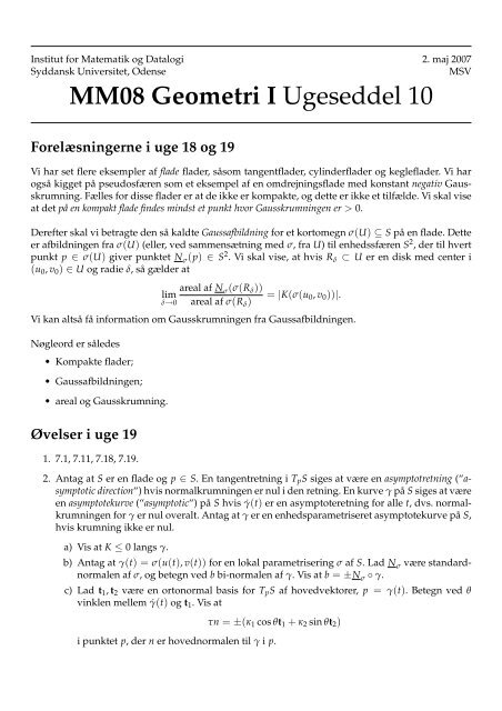 MM08 Geometri I Ugeseddel 10 - Institut for Matematik og Datalogi ...