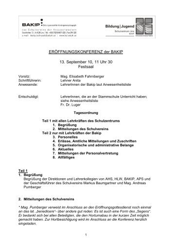 ERÖFFNUNGSKONFERENZ der BAKIP 13. September 10, 11 Uhr ...