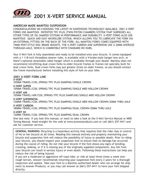 Manitou Answer 2001 X Vert Service Manual Spoke N Word Cycles