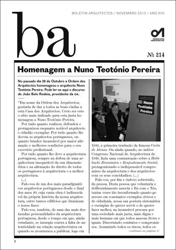 Homenagem a Nuno TeotÃ³nio Pereira - Ordem dos Arquitectos