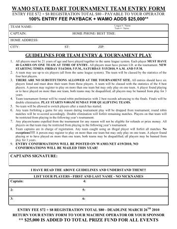 WAMO STATE DART TOURNAMENT TEAM ENTRY FORM