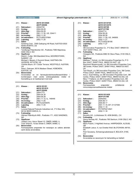 Norsk Patenttidende nr 07/05 - Patentstyret