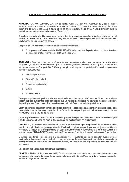 Terminos y Condiciones del Concurso [PDF, 67 KB] - Canon EspaÃ±a