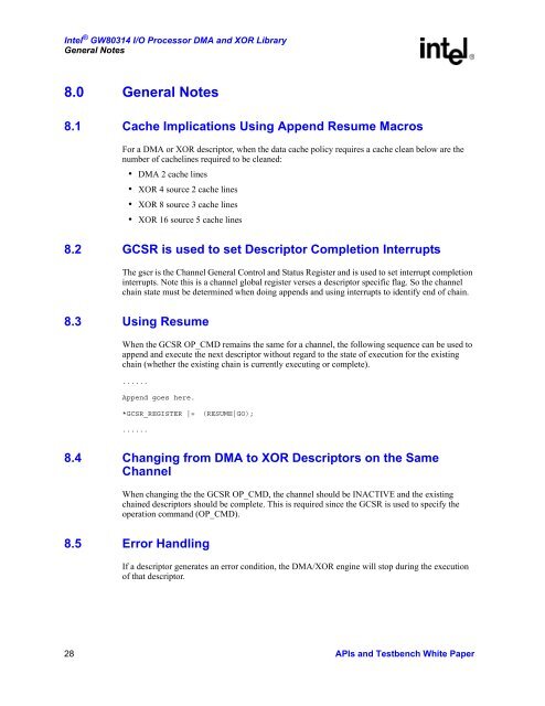 Intel(R) IQ80315 I/O Processor DMA and XOR Library APIs and ...