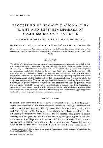 processing of semantic anomaly by right and left ... - Kutas Lab