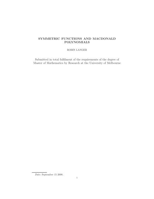 SYMMETRIC FUNCTIONS AND MACDONALD POLYNOMIALS ...