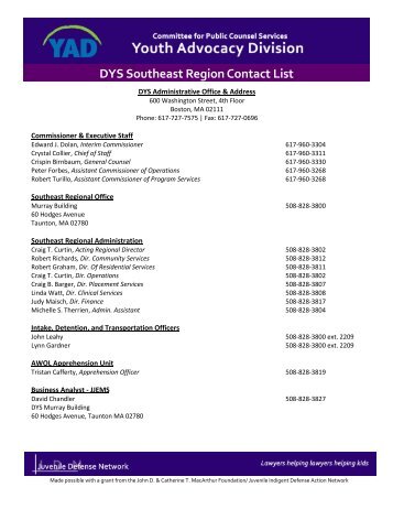 DYS Southeast Region Contact List - the Youth Advocacy Division