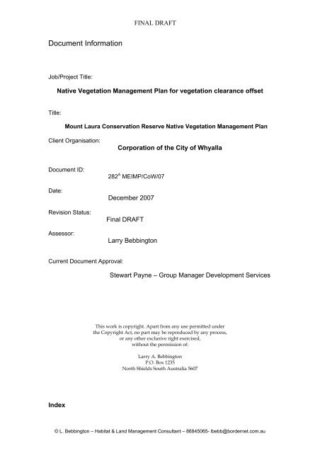 Mt Laura Reserve Native Vegetation Plan 2009/10 - City of Whyalla