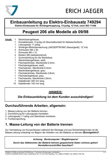 Einbauanleitung zu Elektro-Einbausatz 749294 Peugeot 206 alle ...