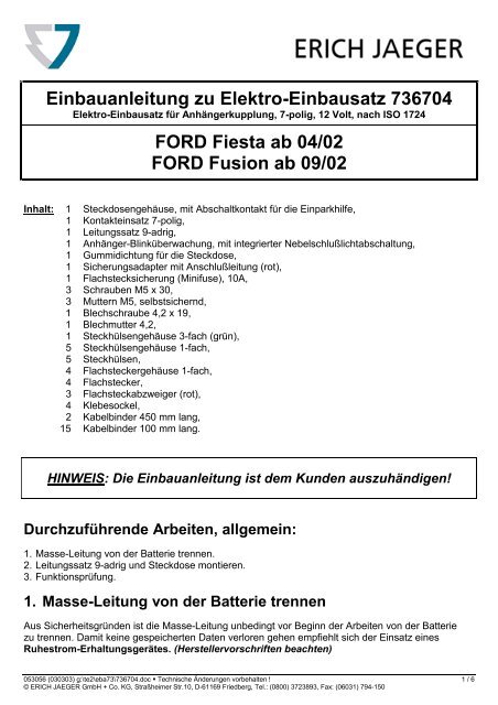 Einbauanleitung zu Elektro-Einbausatz 736704 FORD Fiesta ab 04 ...