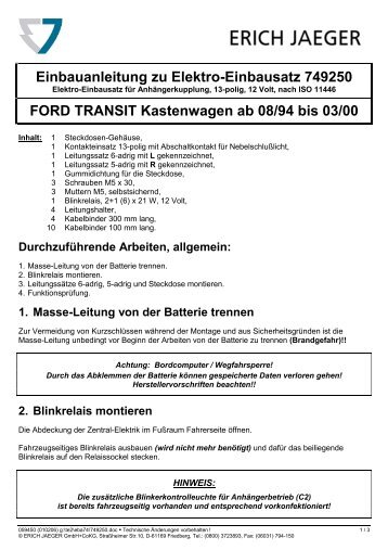 Einbauanleitung zu Elektro-Einbausatz 749250 FORD TRANSIT ...