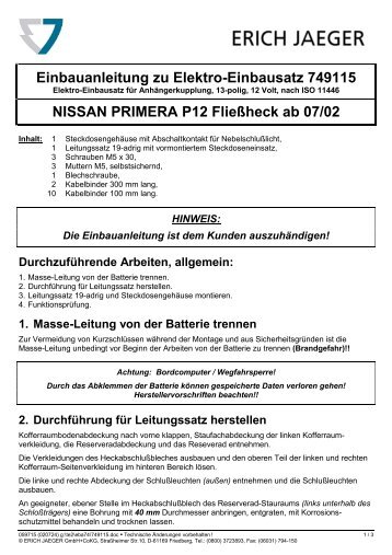 Einbauanleitung zu Elektro-Einbausatz 749115 NISSAN PRIMERA ...