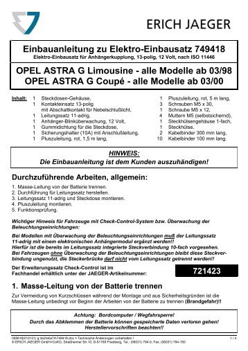 Einbauanleitung zu Elektro-Einbausatz 749418 OPEL ASTRA G ...