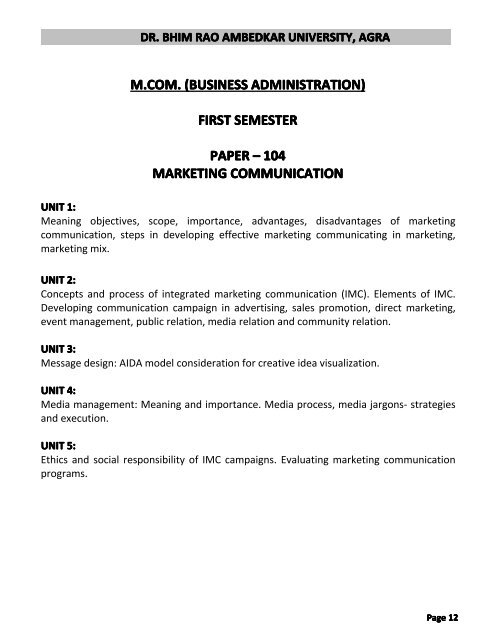 M.COM. (BUSINESS ADMINISTRATION) - Dr BR Ambedkar University