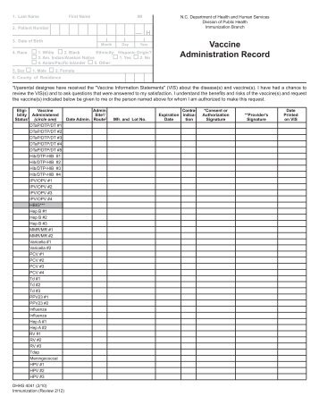 DHHS 4041 Vaccine Administration Record - Immunization Branch