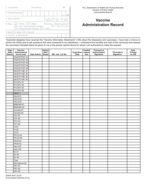 DHHS 4041 Vaccine Administration Record - Immunization Branch