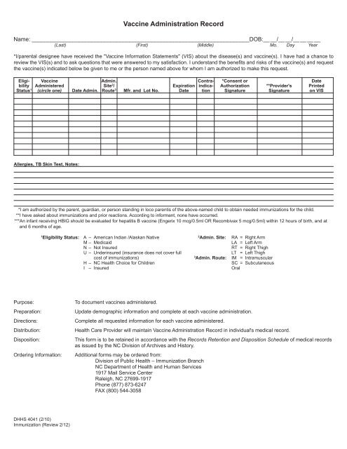 DHHS 4041 Vaccine Administration Record - Immunization Branch