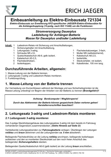 Einbauanleitung zu Elektro-Einbausatz 721334 - Anhängerkupplung