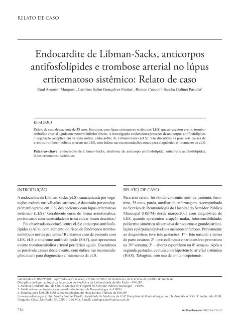 Endocardite de Libman-Sacks, anticorpos antifosfolÃ­pides ... - SciELO