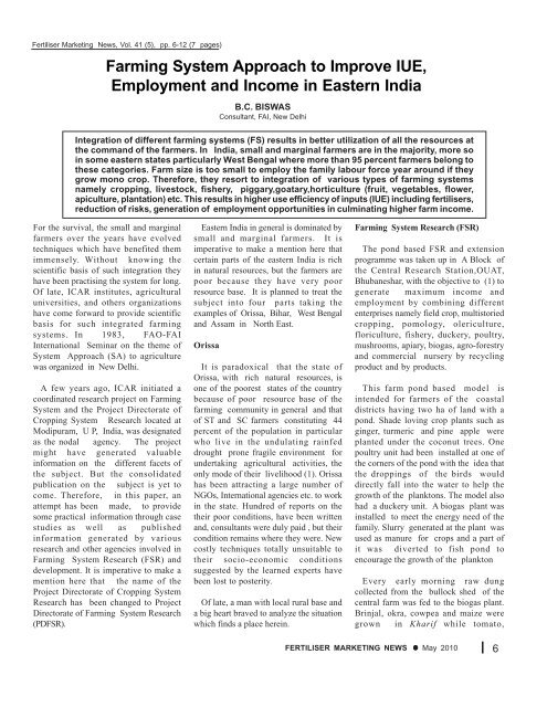 Farming System Approach to Improve IUE, Employment and Income ...