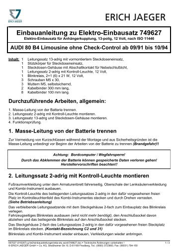 Einbauanleitung zu Elektro-Einbausatz 749627 - Anhängerkupplung