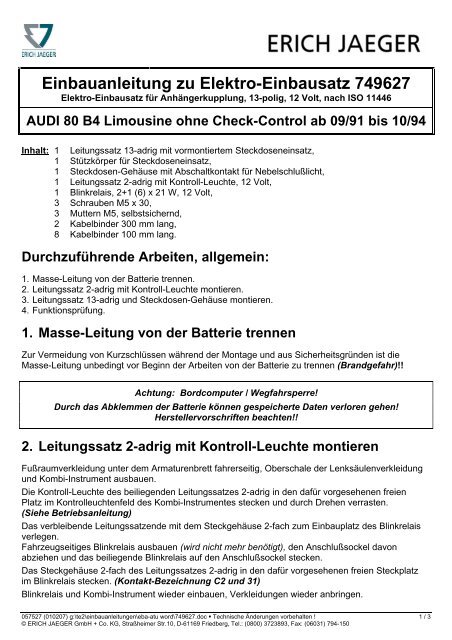 Einbauanleitung zu Elektro-Einbausatz 749627 - Anhängerkupplung