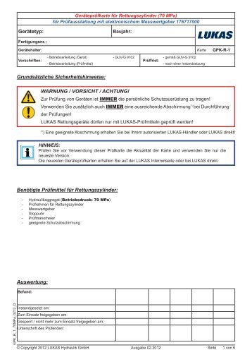 Gerätetyp: Auswertung: Benötigte Prüfmittel für Rettungszylinder ...