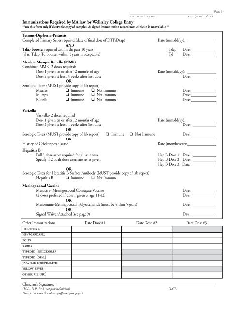 Wellesley College Health History Form