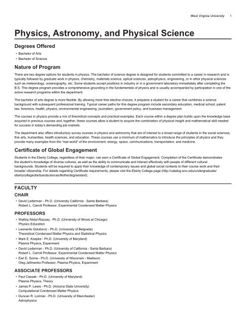 Physics, Astronomy, and Physical Science - West Virginia University