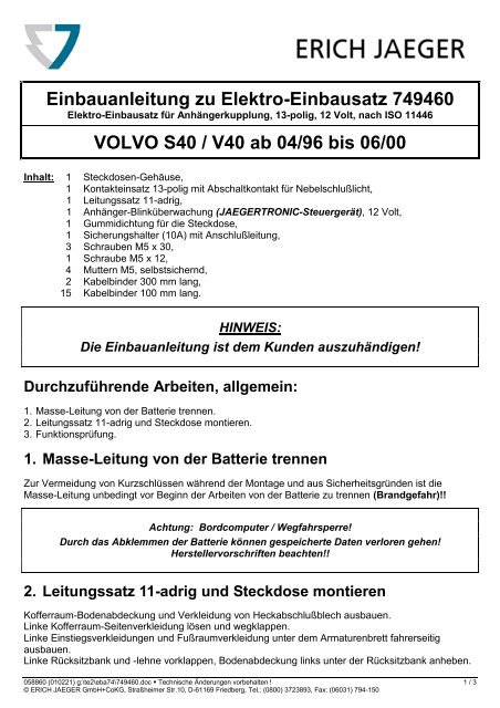 Einbauanleitung zu Elektro-Einbausatz 749460 VOLVO ... - Motor-Talk
