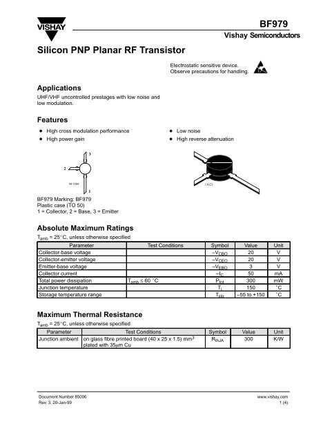 BF979 Silicon PNP Planar RF Transistor