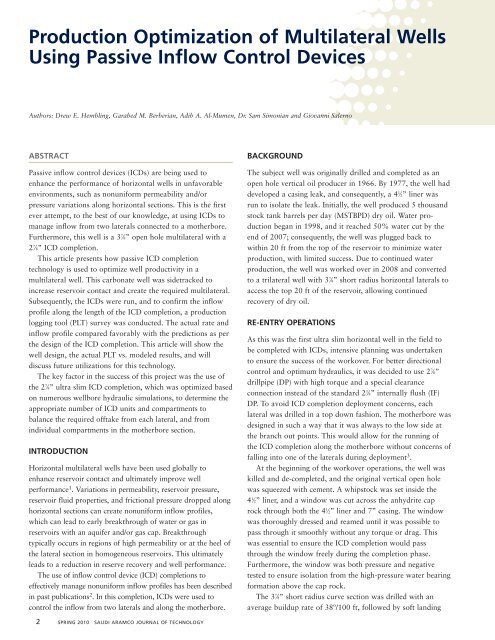 Production Optimization of Multilateral Wells Using ... - Saudi Aramco