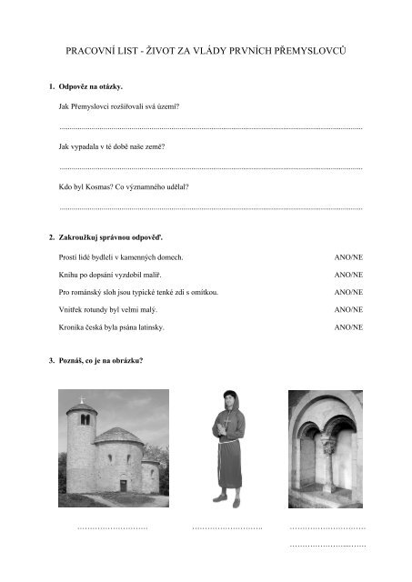 PRACOVNÍ LIST - ŽIVOT ZA VLÁDY PRVNÍCH PŘEMYSLOVCŮ