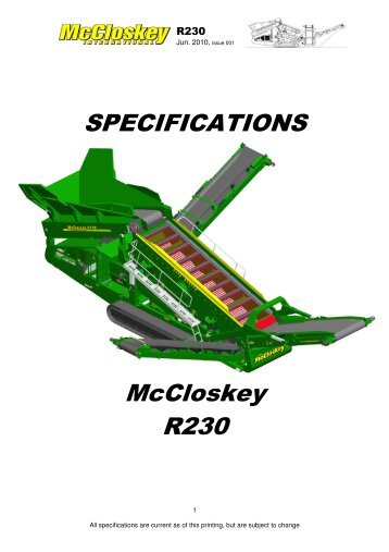 SPECIFICATIONS McCloskey R230 - Best Machinery Kft.