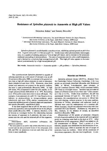 Resistance of Spirulina platensis to Ammonia at High pH Values