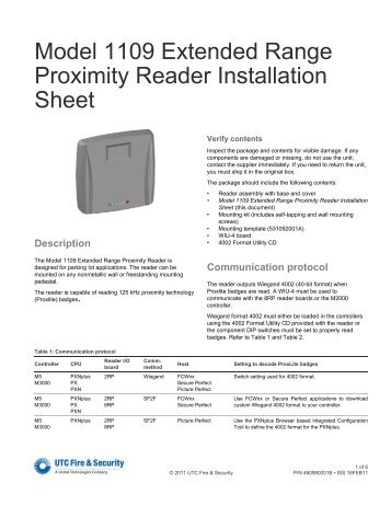 Model 1109 Extended Range Proximity Reader Installation Sheet