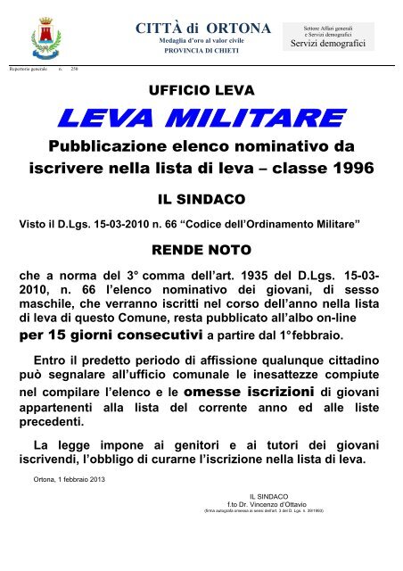 manifesto pubblicazione elenco classe 1996 - Comune di Ortona