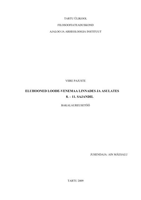 eluhooned loode-venemaa linnades ja asulates 8. â 11. sajandil