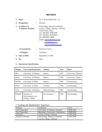 BIO DATA - Loyola College