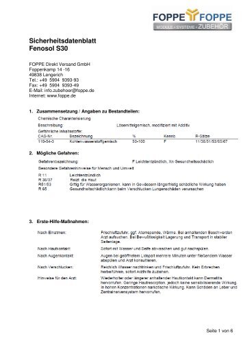 Sicherheitsdatenblatt Vorlage Fenosol S 30 - FOPPE und FOPPE