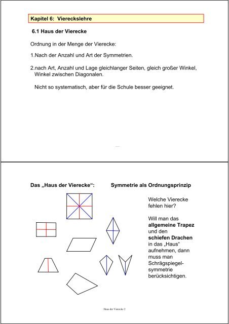 Kapitel 6: Viereckslehre 6.1 Haus der Vierecke Ordnung in der ...