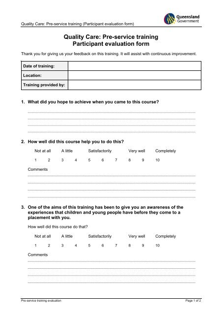 Quality Care: Pre-service training Participant evaluation form