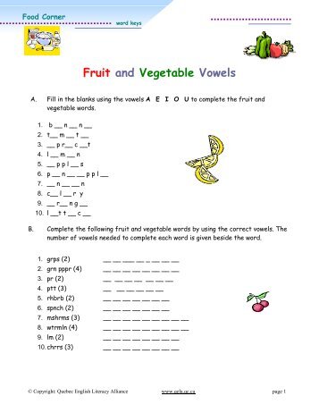 Fruit and Vegetables Vowels - Quebec English Literacy Alliance