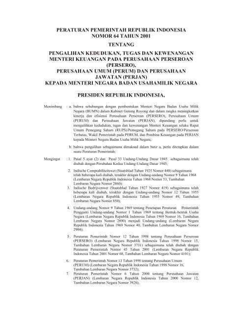 peraturan pemerintah republik indonesia nomor 64 tahun 2001 ...