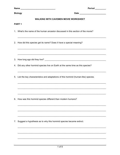 "Walking with Cavemen" movie worksheet - Explore Biology