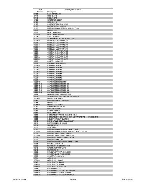 View USA Fleck Parts List sorted by PART NUMBER - Watergroup