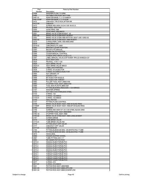 View USA Fleck Parts List sorted by PART NUMBER - Watergroup