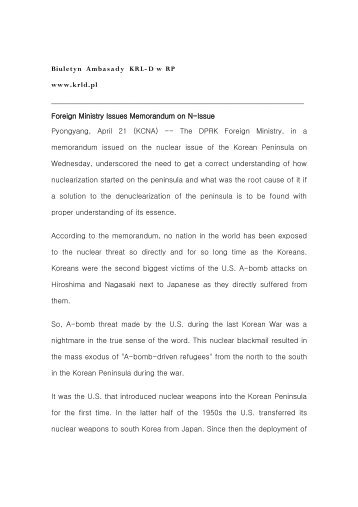 Foreign Ministry Issues Memorandum on N-Issue - Korea PÃ³Ånocna ...