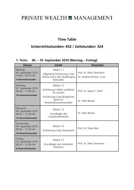 Time Table Unterrichtsstunden: 432 / Zeitstunden: 324