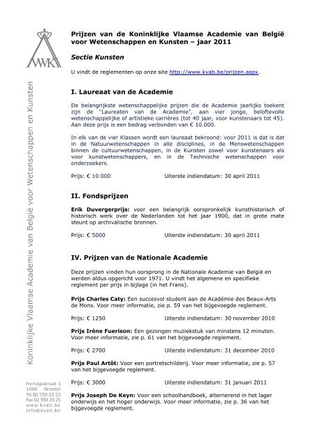 overzicht prijzen 2011_K - Koninklijke Vlaamse Academie van ...